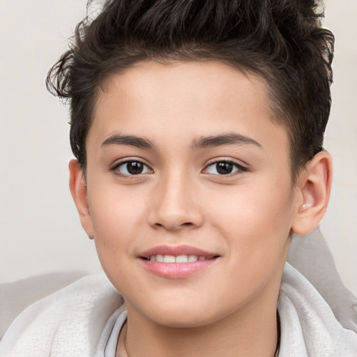 Joyful white child female with short  brown hair and brown eyes