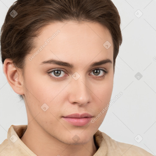 Neutral white young-adult female with short  brown hair and brown eyes