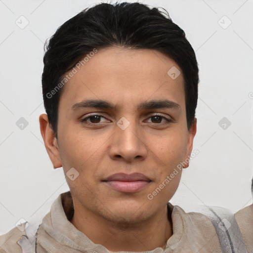 Neutral asian young-adult male with short  brown hair and brown eyes