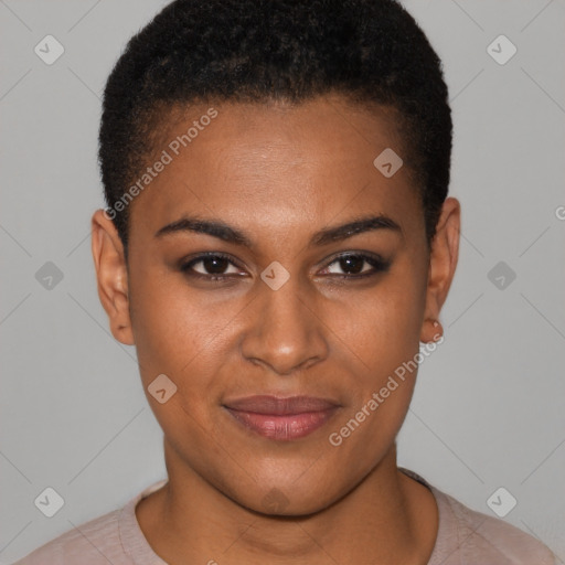 Joyful black young-adult female with short  brown hair and brown eyes