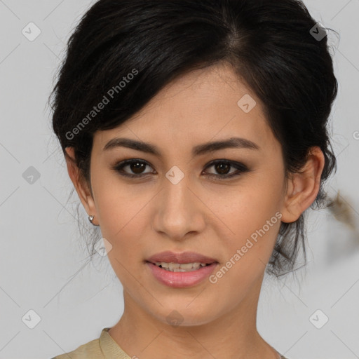 Joyful latino young-adult female with medium  brown hair and brown eyes