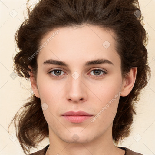 Neutral white young-adult female with medium  brown hair and brown eyes