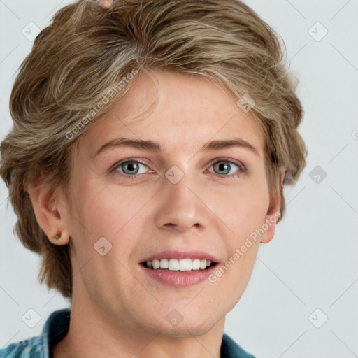 Joyful white young-adult female with medium  brown hair and blue eyes