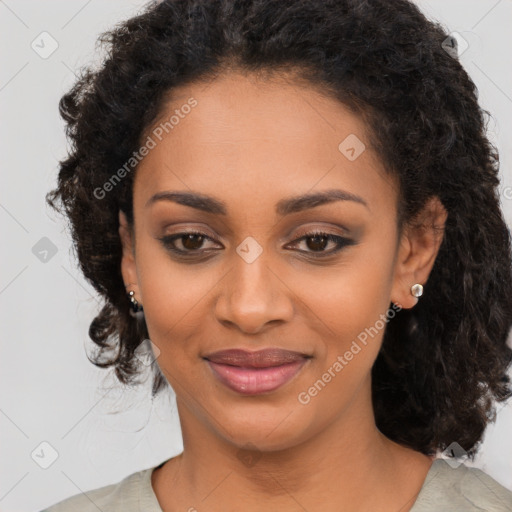 Joyful latino young-adult female with medium  black hair and brown eyes