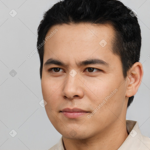 Neutral latino young-adult male with short  black hair and brown eyes