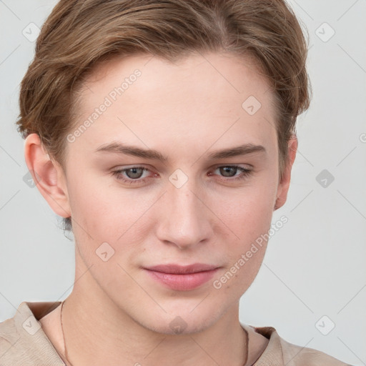 Joyful white young-adult female with short  brown hair and grey eyes