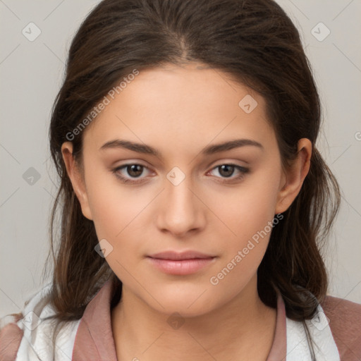 Neutral white young-adult female with medium  brown hair and brown eyes