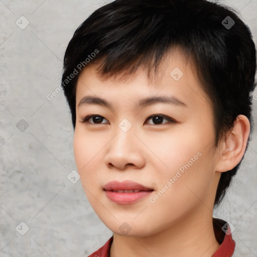 Joyful asian young-adult female with medium  black hair and brown eyes