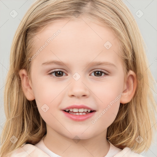 Joyful white child female with medium  brown hair and brown eyes