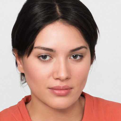 Neutral white young-adult female with medium  brown hair and brown eyes