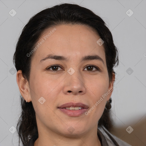 Joyful white adult female with medium  brown hair and brown eyes