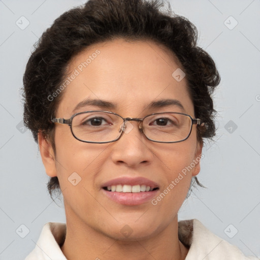 Joyful white adult female with short  brown hair and brown eyes