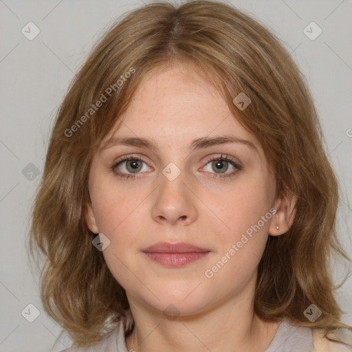 Neutral white young-adult female with medium  brown hair and blue eyes