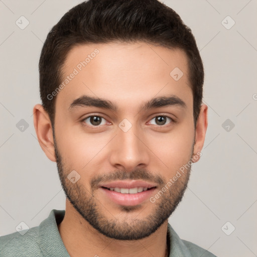 Joyful white young-adult male with short  brown hair and brown eyes