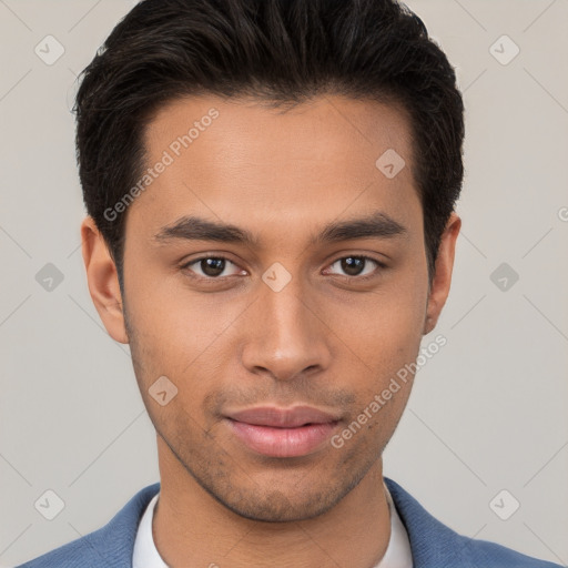 Neutral white young-adult male with short  brown hair and brown eyes