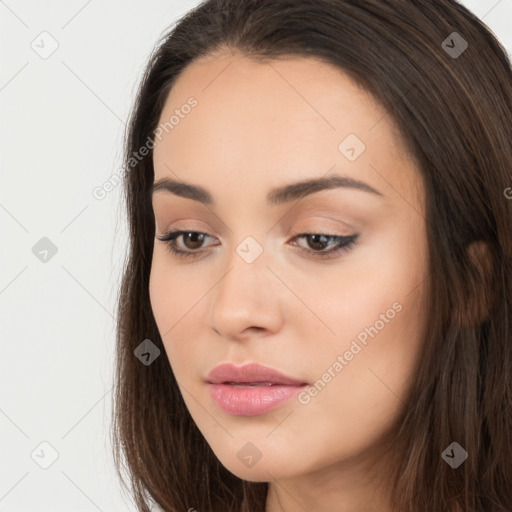 Neutral white young-adult female with long  brown hair and brown eyes