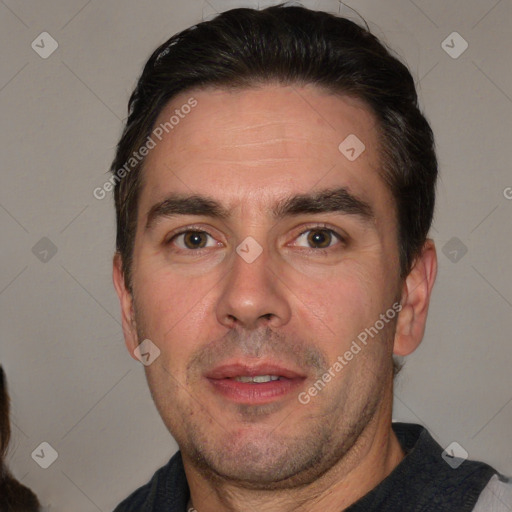 Neutral white adult male with short  brown hair and brown eyes