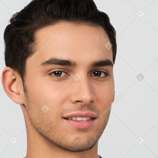 Joyful white young-adult male with short  brown hair and brown eyes