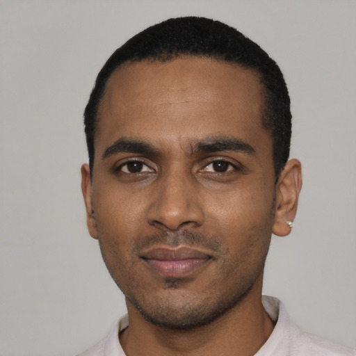 Neutral black young-adult male with short  black hair and brown eyes