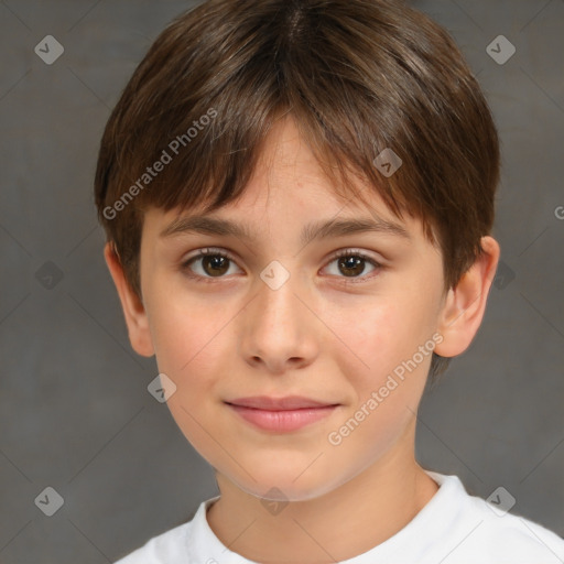 Joyful white child female with short  brown hair and brown eyes