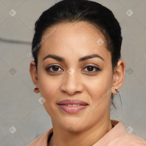 Joyful latino young-adult female with short  black hair and brown eyes