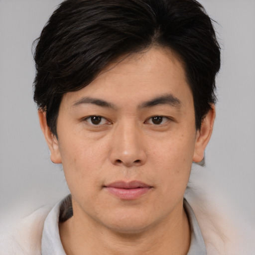 Neutral asian young-adult male with short  brown hair and brown eyes