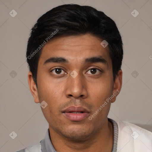 Neutral latino young-adult male with short  black hair and brown eyes