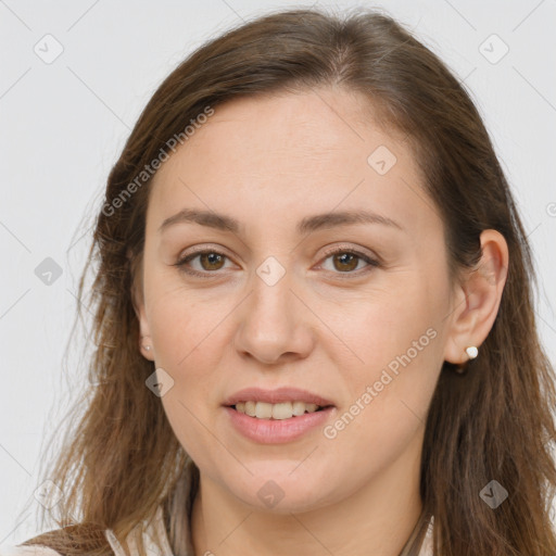 Joyful white young-adult female with long  brown hair and grey eyes