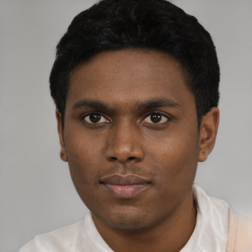 Neutral black young-adult male with short  black hair and brown eyes