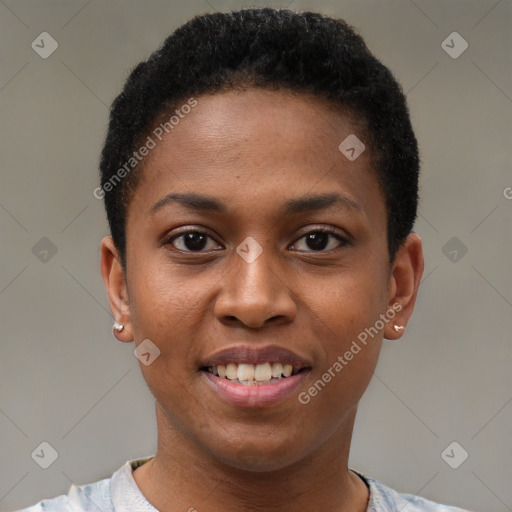 Joyful black young-adult female with short  brown hair and brown eyes