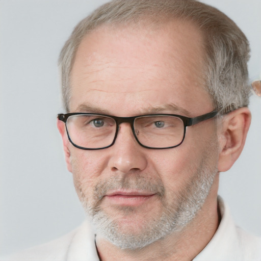 Neutral white middle-aged male with short  gray hair and blue eyes