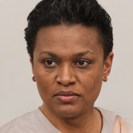 Neutral black young-adult female with short  black hair and brown eyes