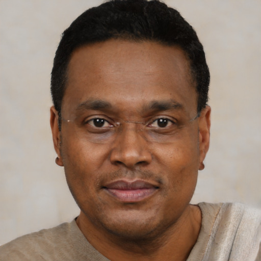 Joyful black adult male with short  black hair and brown eyes