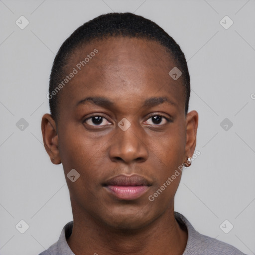 Neutral black young-adult male with short  black hair and brown eyes