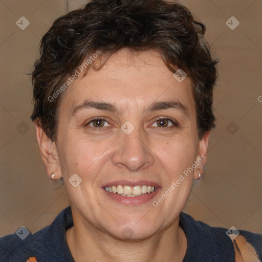 Joyful white adult female with short  brown hair and brown eyes