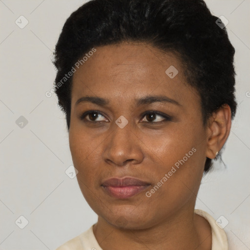 Neutral black young-adult female with short  black hair and brown eyes