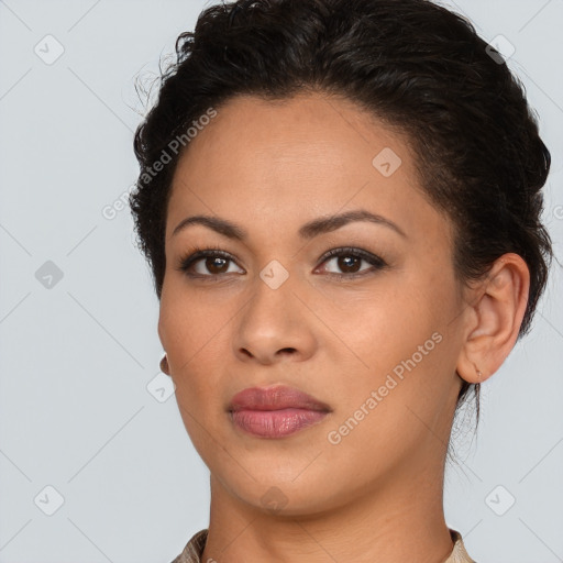 Neutral latino young-adult female with short  brown hair and brown eyes