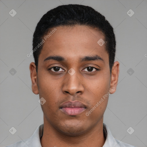 Neutral latino young-adult male with short  black hair and brown eyes