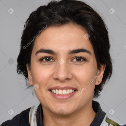 Joyful white young-adult female with medium  brown hair and brown eyes