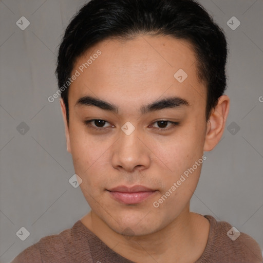 Neutral asian young-adult male with short  black hair and brown eyes