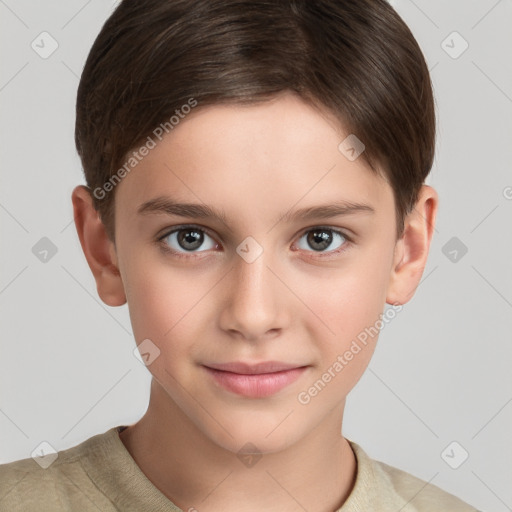 Joyful white child female with short  brown hair and brown eyes