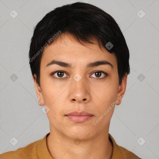 Neutral asian young-adult female with short  black hair and brown eyes