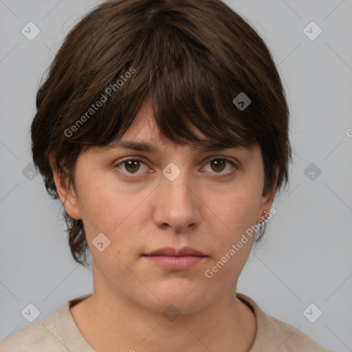 Neutral white young-adult female with medium  brown hair and brown eyes