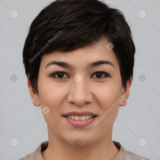 Joyful asian young-adult female with short  brown hair and brown eyes