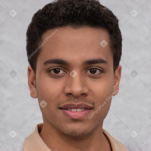 Joyful latino young-adult male with short  brown hair and brown eyes