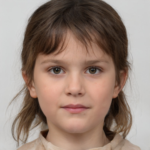 Neutral white child female with medium  brown hair and grey eyes