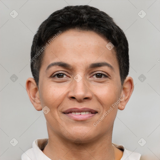 Joyful latino young-adult female with short  brown hair and brown eyes