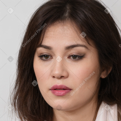 Neutral white young-adult female with long  brown hair and brown eyes