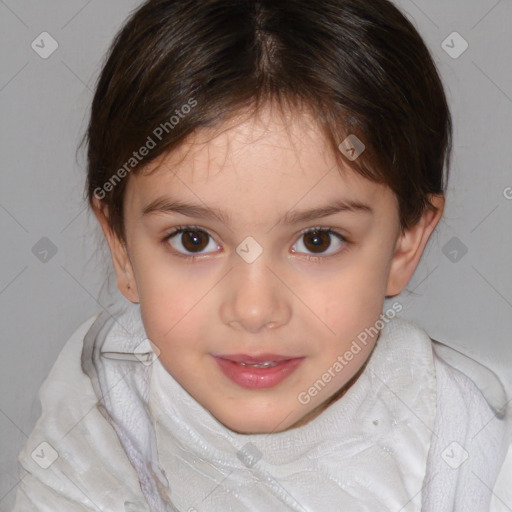 Joyful white child female with medium  brown hair and brown eyes