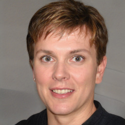 Joyful white adult male with short  brown hair and grey eyes